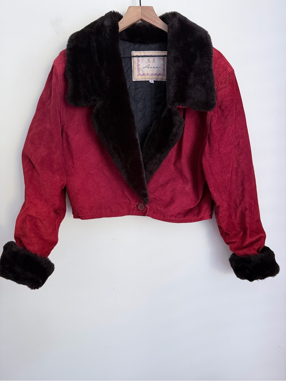 Lanna New York Red suede leather coat jacket faux fur cropped vintage Y2K M
